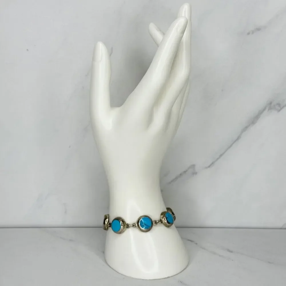 Vintage Mexico Blue Faux Turquoise Round Cabochon Link Toggle Chain Bracelet ✨